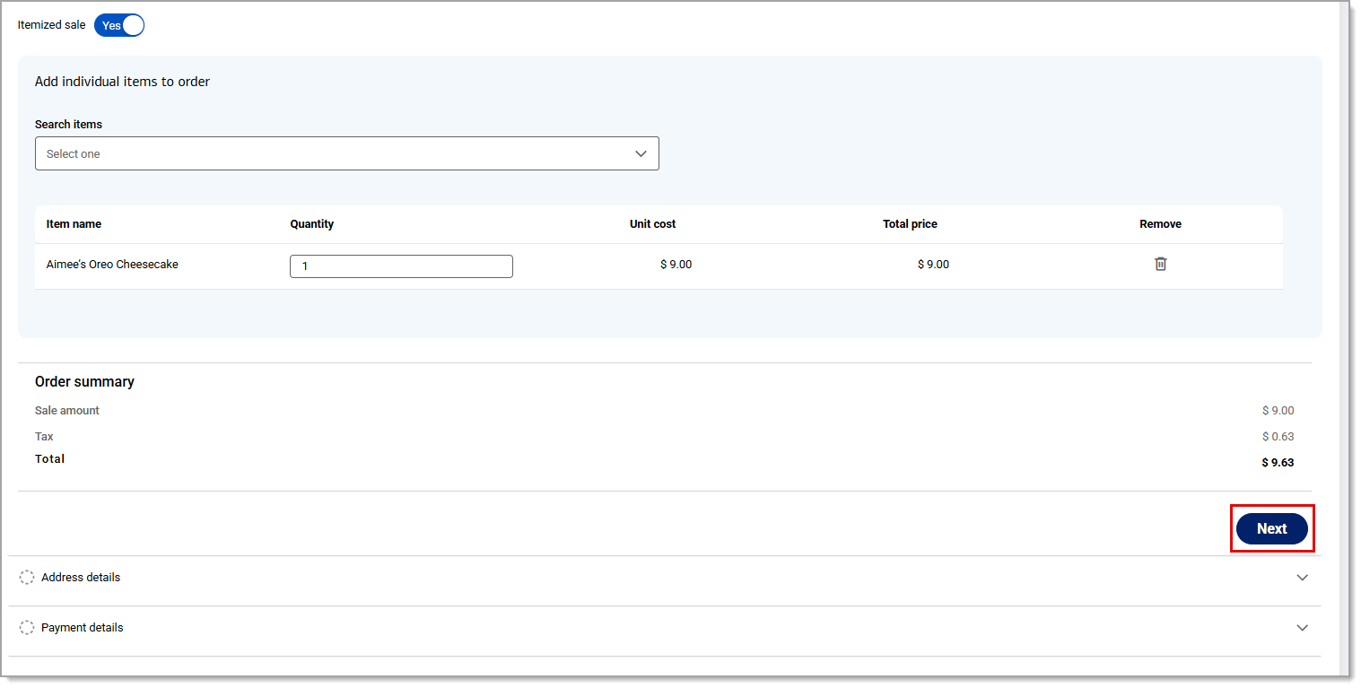 Display of items added to order with price and tax calculated. Next button highlighted.