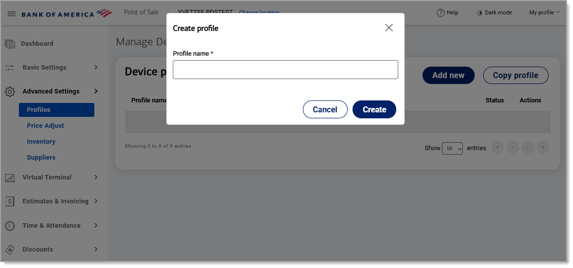 Create profile window pop up.