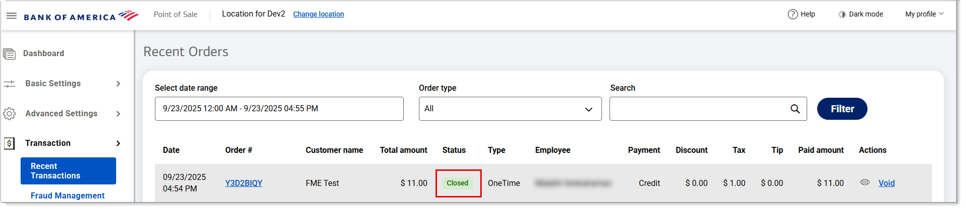 Recent order screen with sample transaction showing closed status.