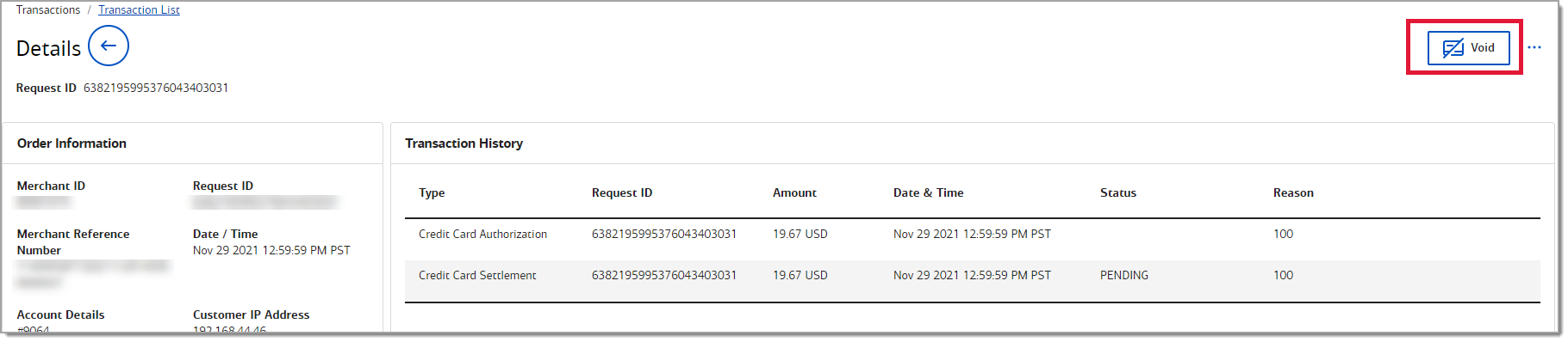 void a recuring billing transaction