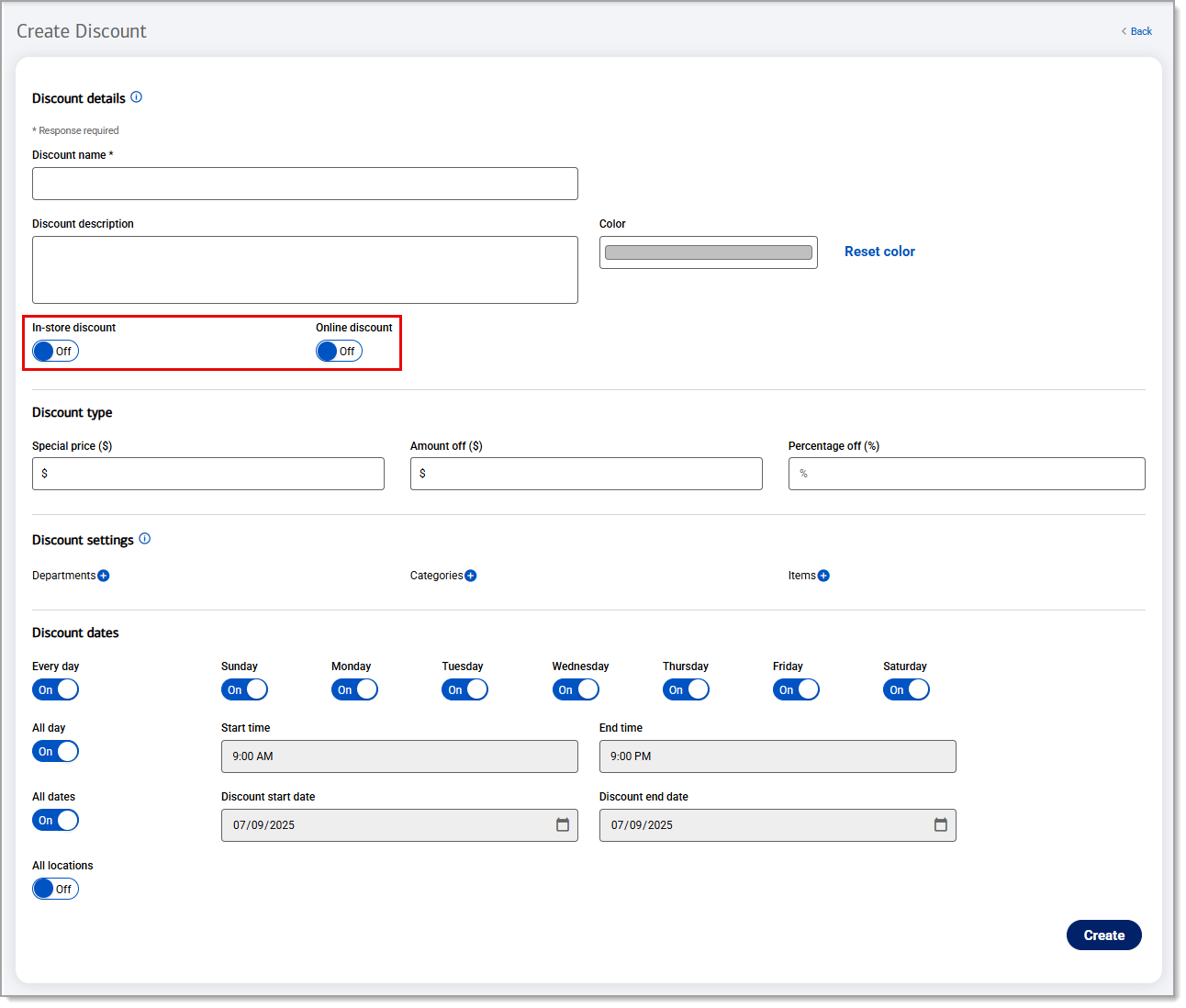 Highlighted toggle option for in-store and or online