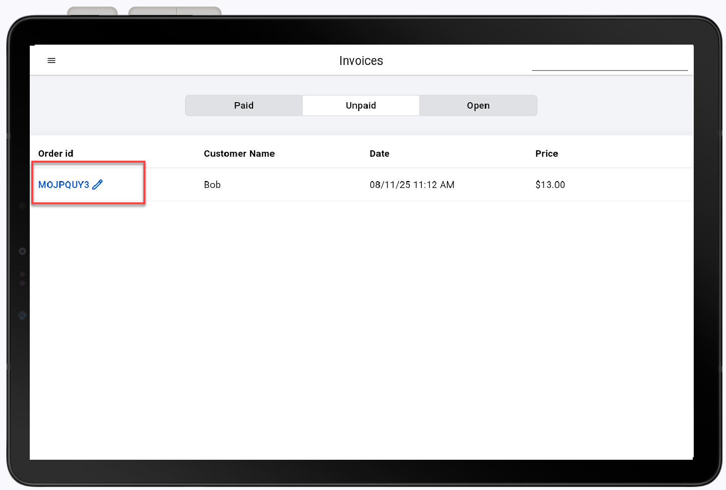 unpaid invoices with an order highlighted