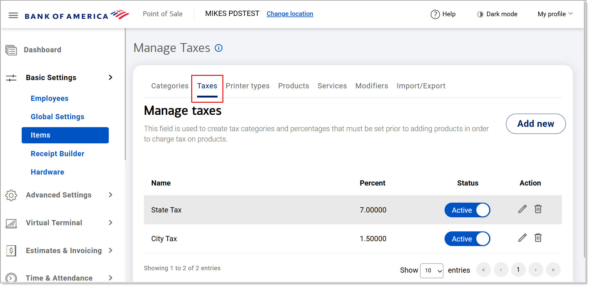Manage taxes - Taxes tab