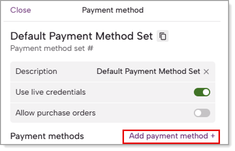 FoxyCart's payment method screen with the add payment method button highlighted
