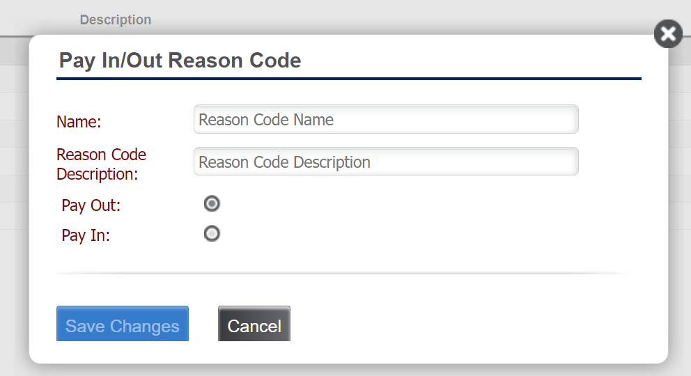 Pay In/Out Reason Code dialog box