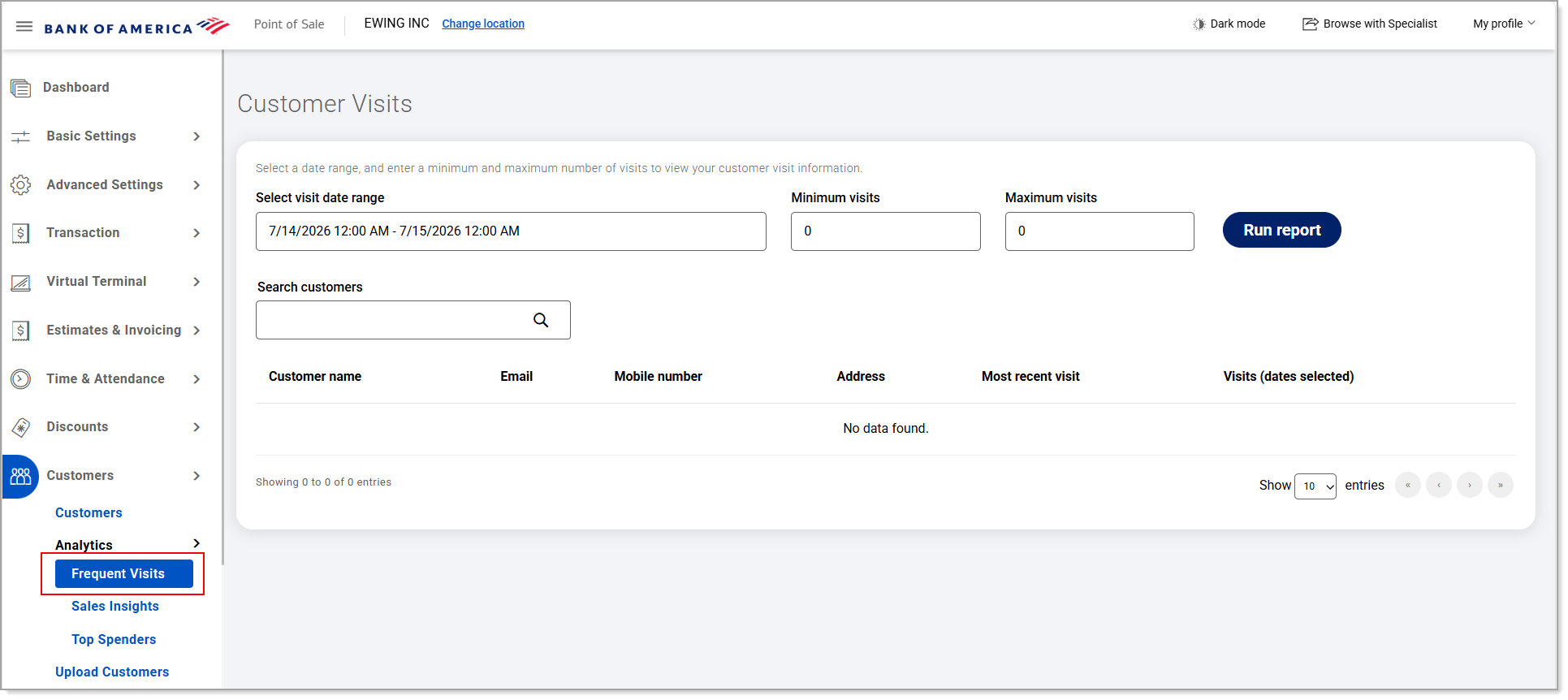 Customers Analytics Frequent Visits Report menu option