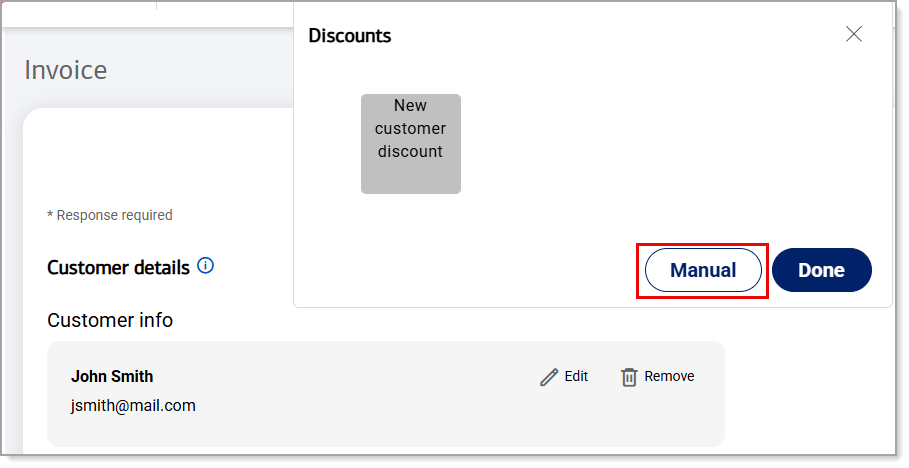 Manual button highlighted on the Discounts screen.
