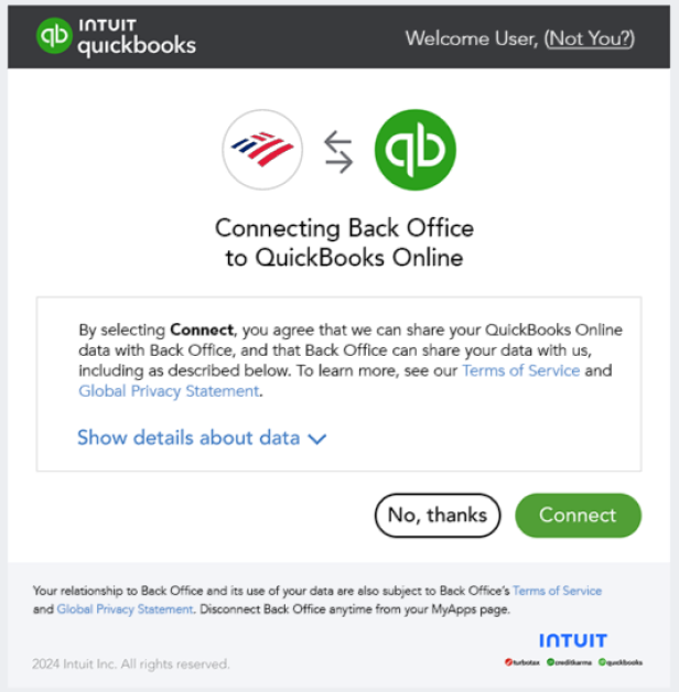 click connect to agree and connect to quickbooks