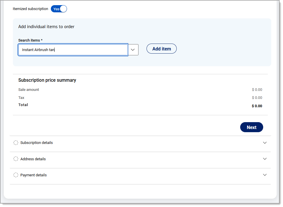 Search item field to add additional items to the ticket.