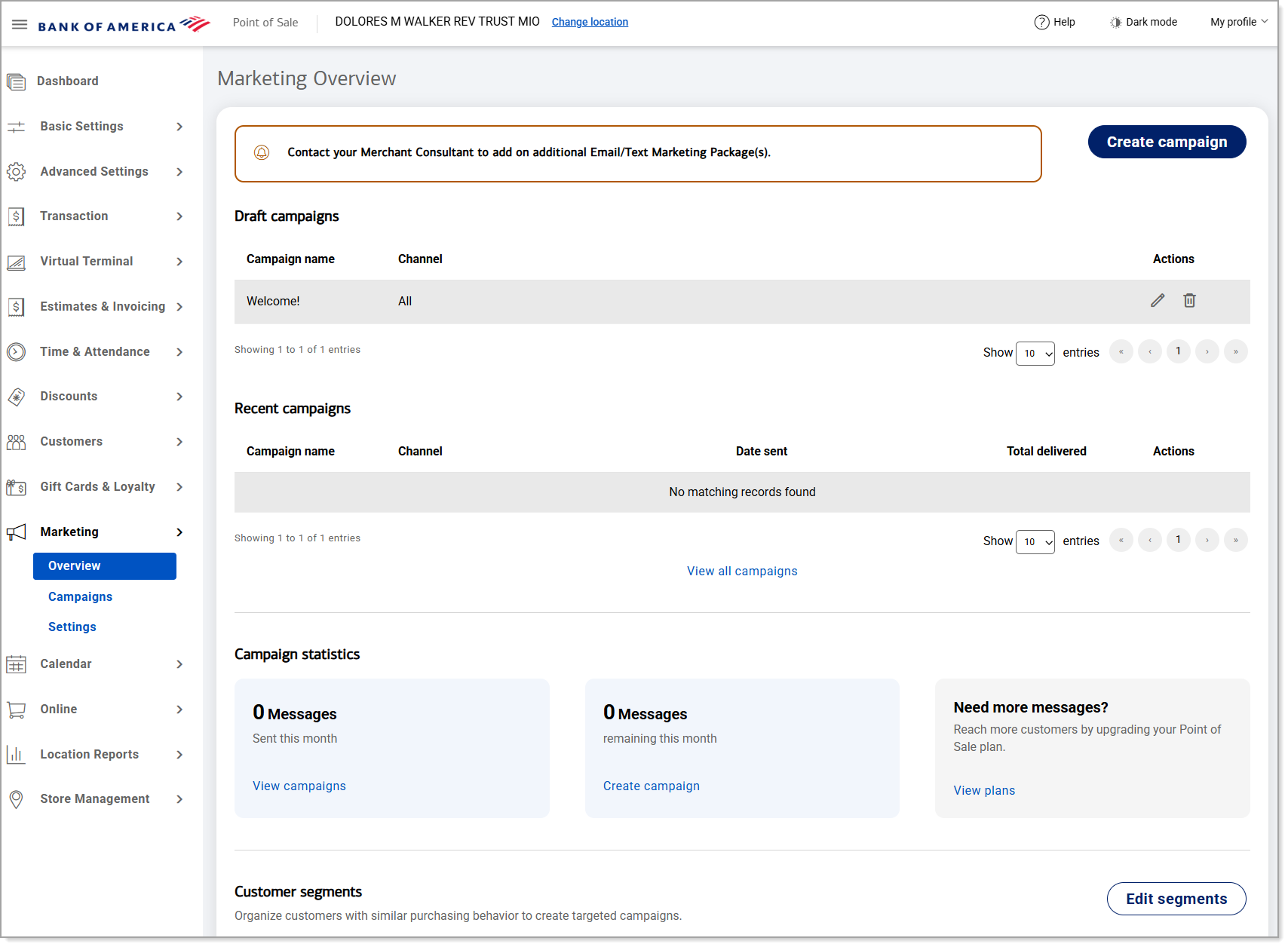 Marketing Overview dashboard in the Back Office