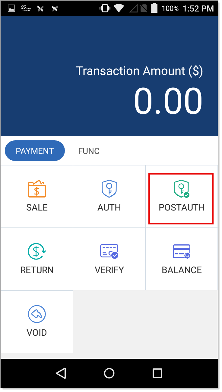 Payment Tab. Post Auth option