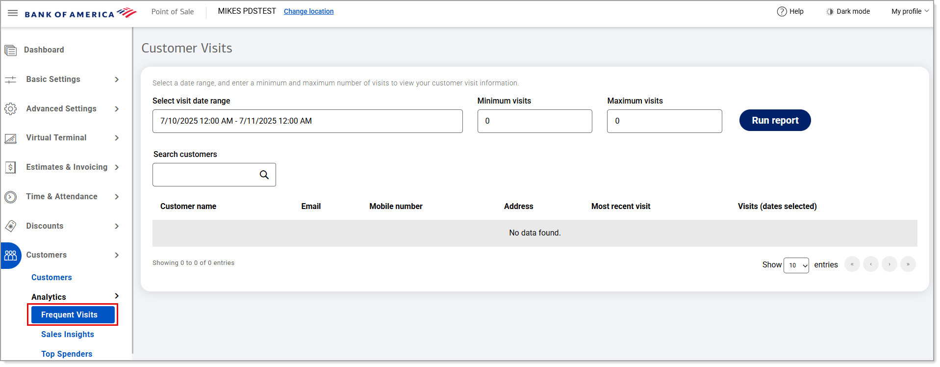 Customers Analytics Frequent Visits Report menu option