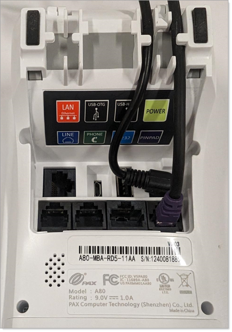 connection ports on the back of the A80 terminal