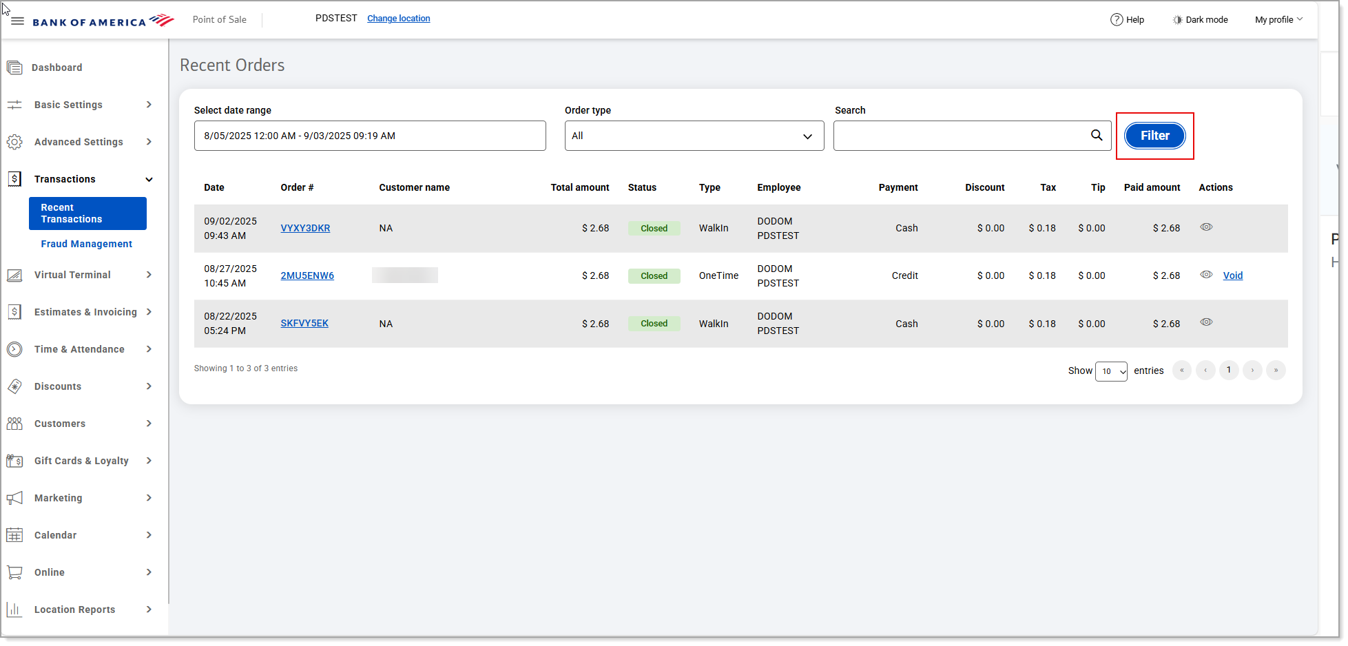 Recent Orders view. Filter button.