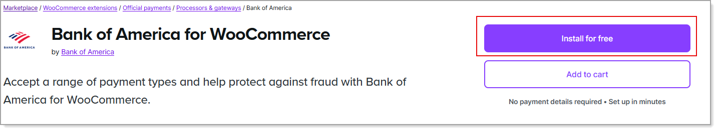 Bank of America extension - Install for free button