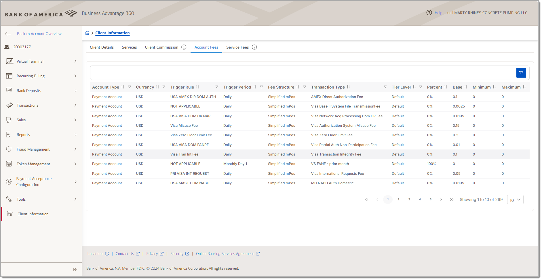merchant services client information account fees