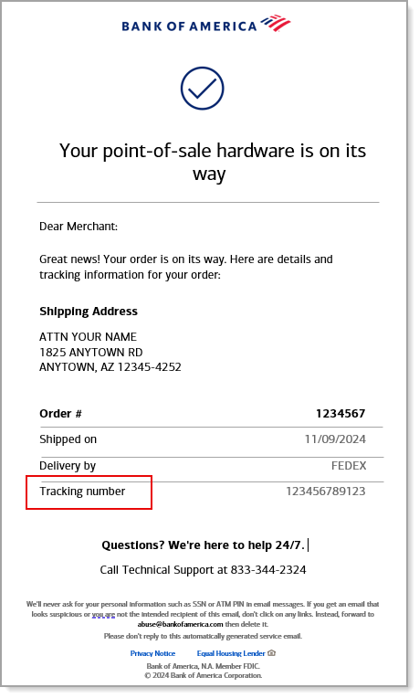 Sample notification with tracking number