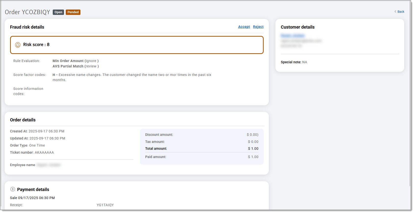 Fraud Risk details for sample transaction