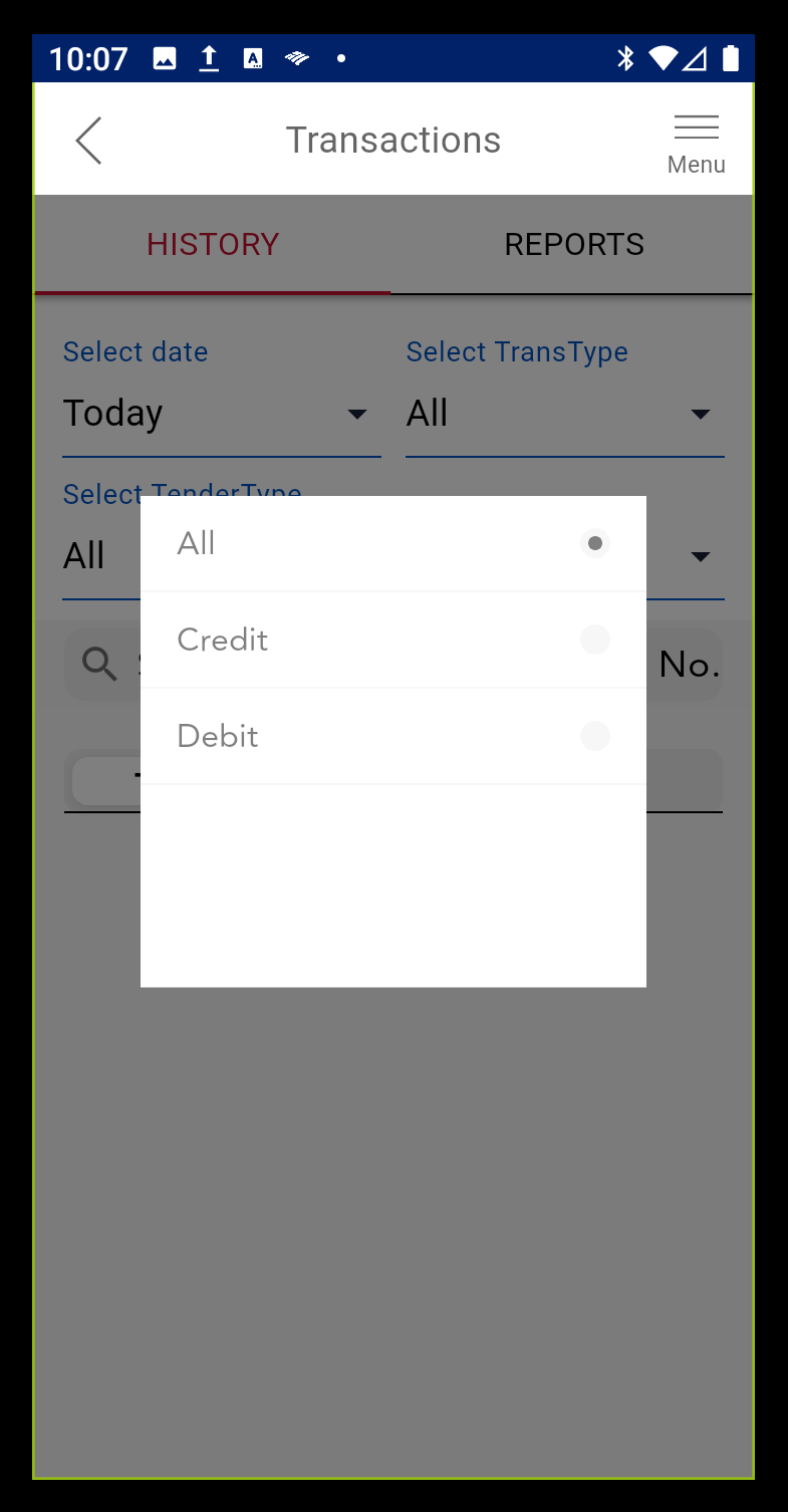 transaction history transaction type options