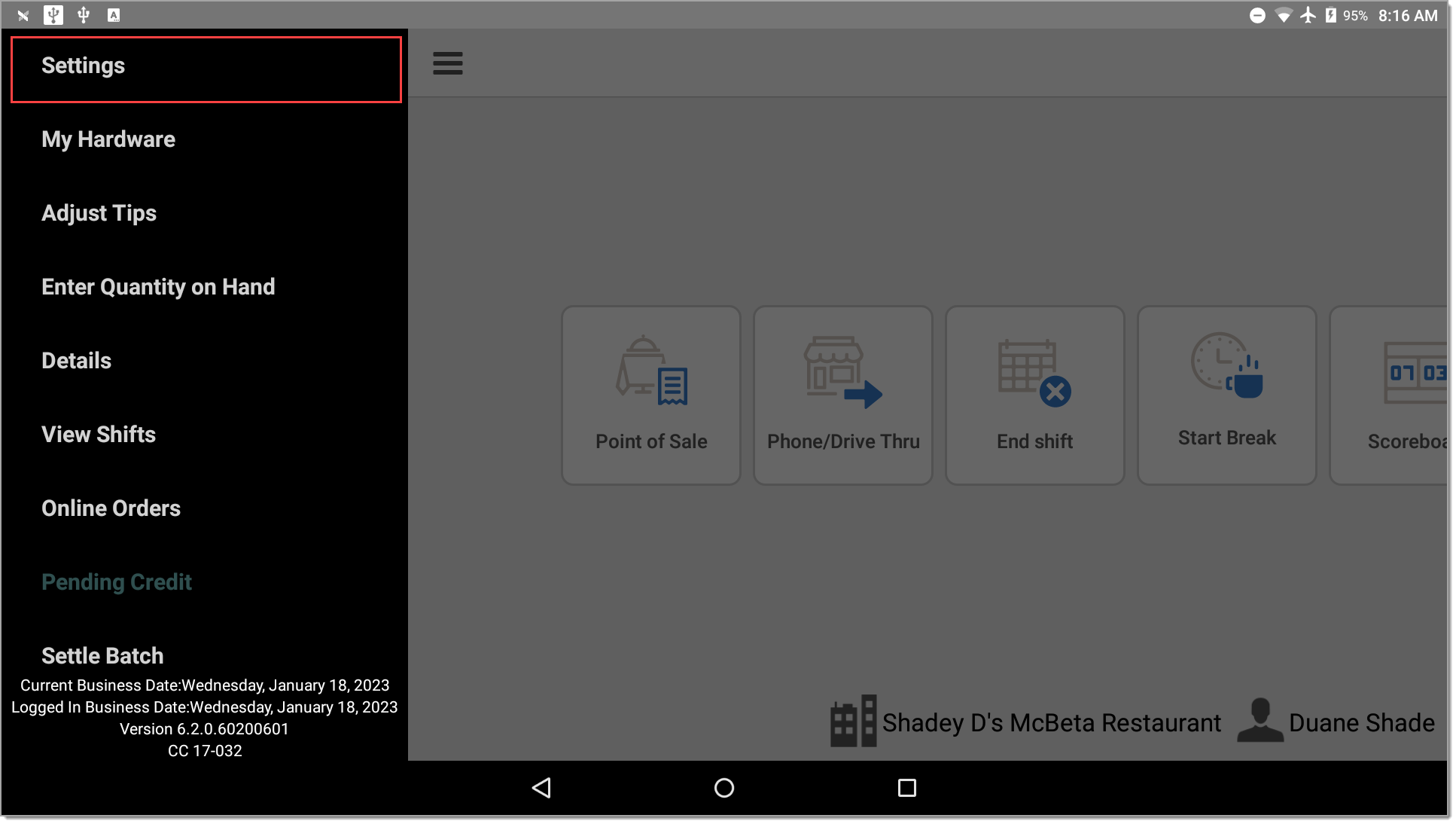 Point of Sale slide out menu with setting option selected