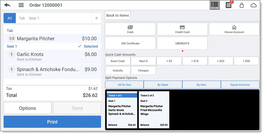 Finalized ticket split by seat with a shared item.
