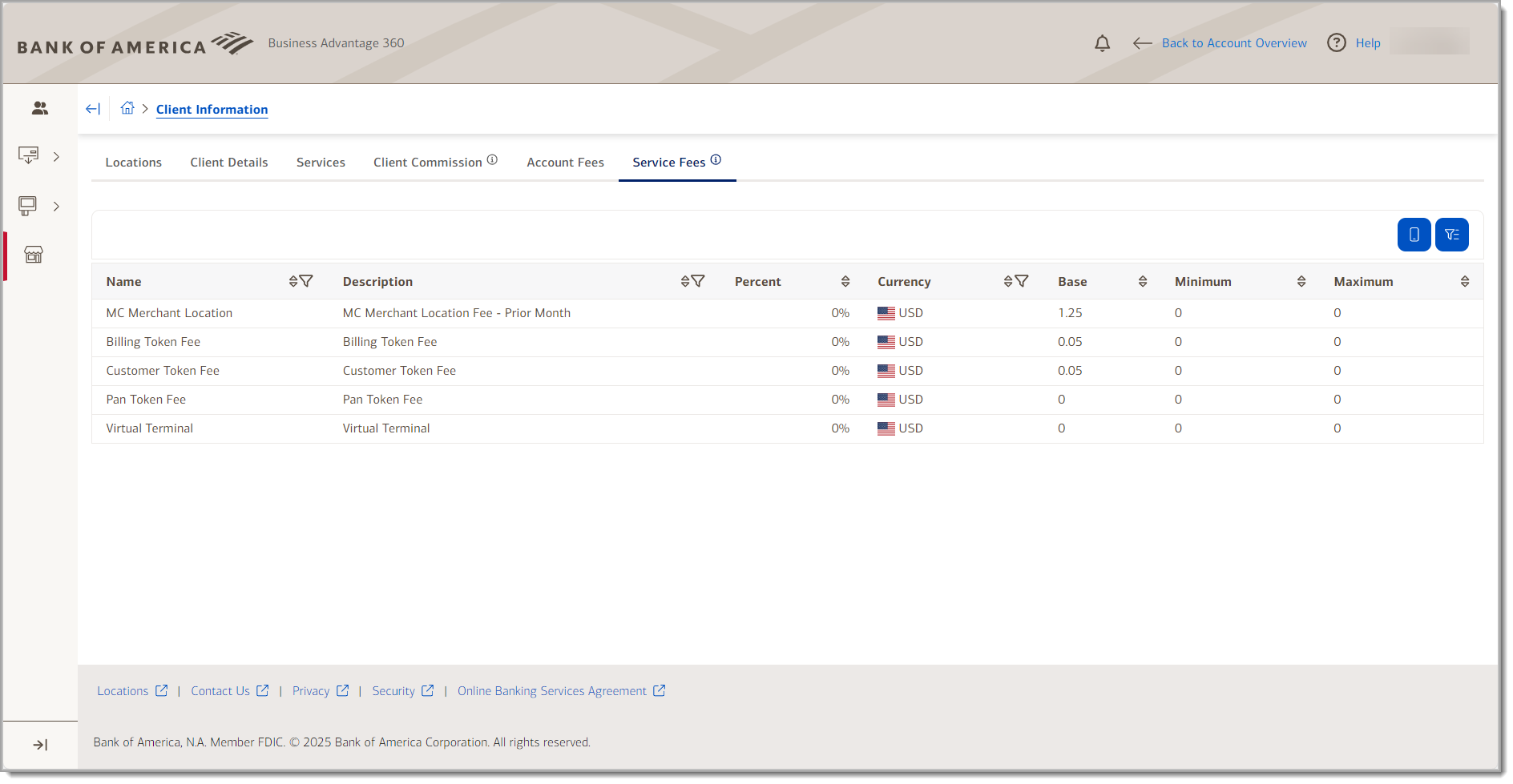merchant services client service fees