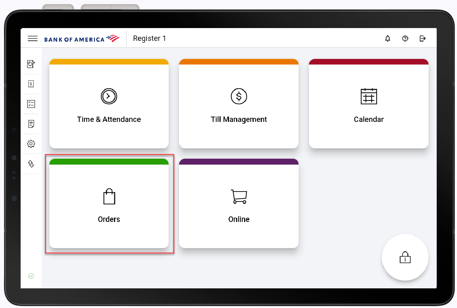 Orders tile highlighted in the Point of Sale Solution App home screen.