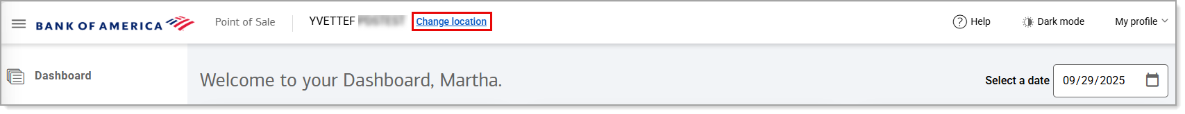 Change location link on the Back Office Dashboard