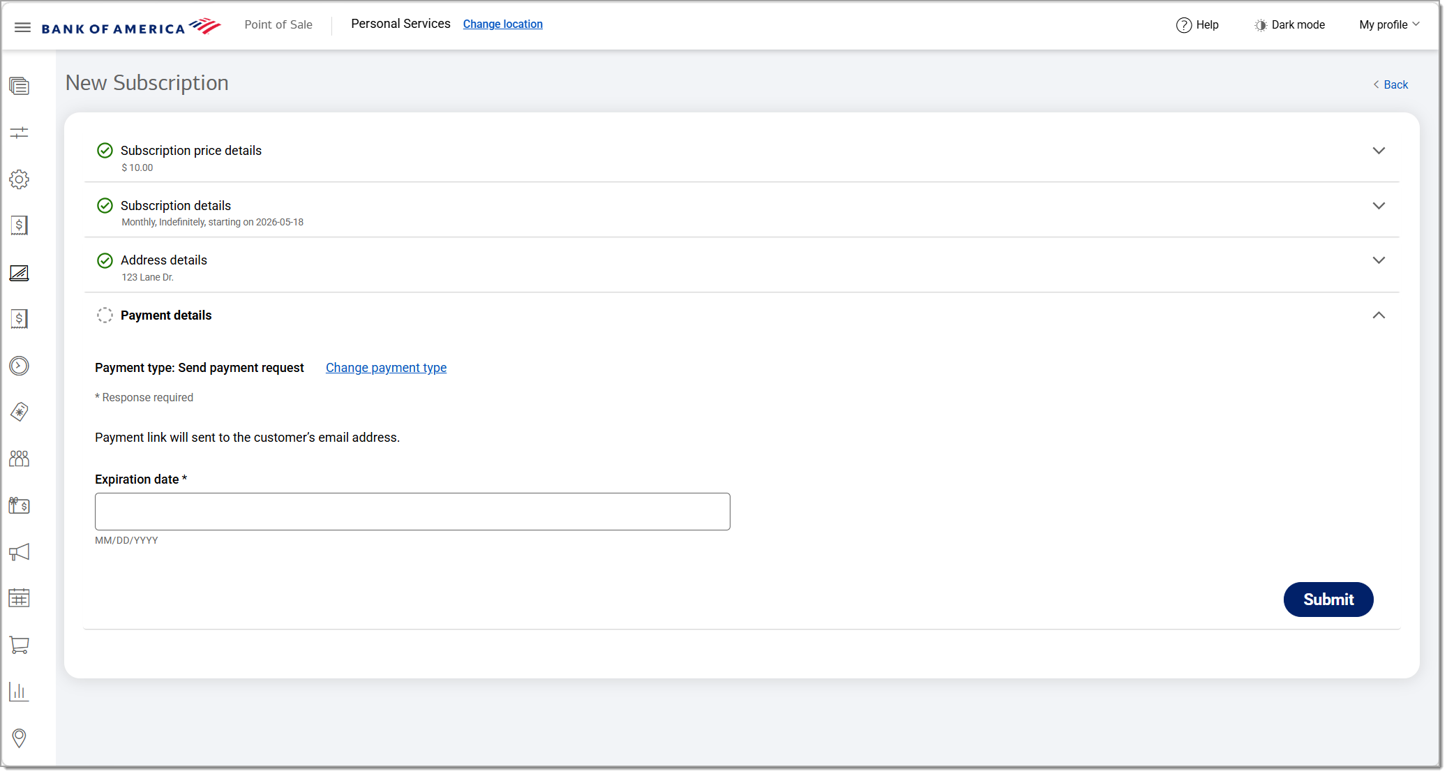 payment type with send payment request option and submit button