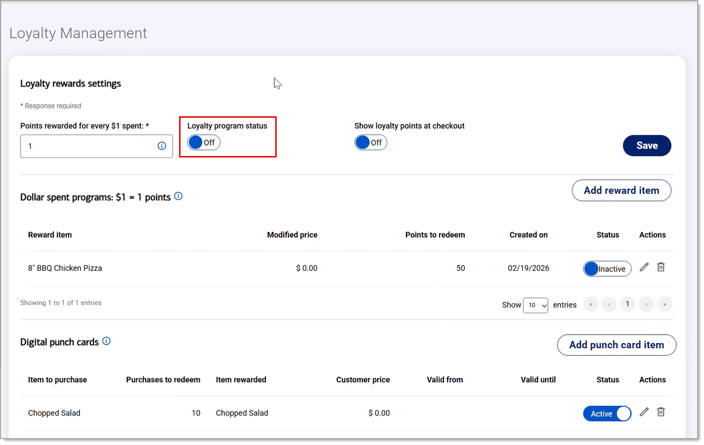 Loyalty program status toggle highlighted.