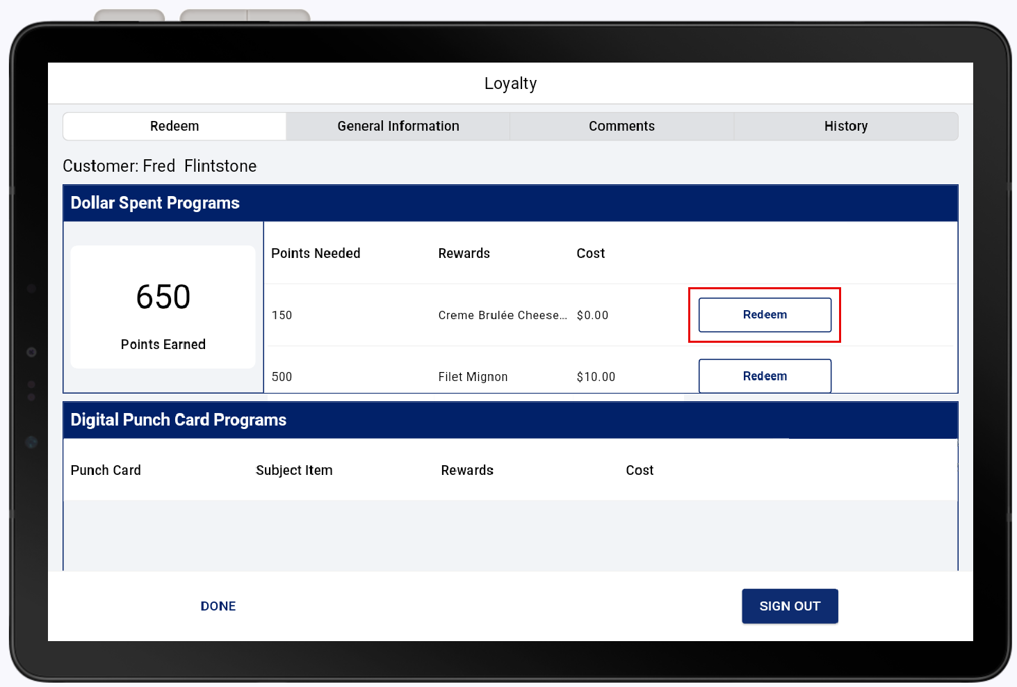 Redeem highlighted from the rewards options available in the customer loyalty redeem tab.