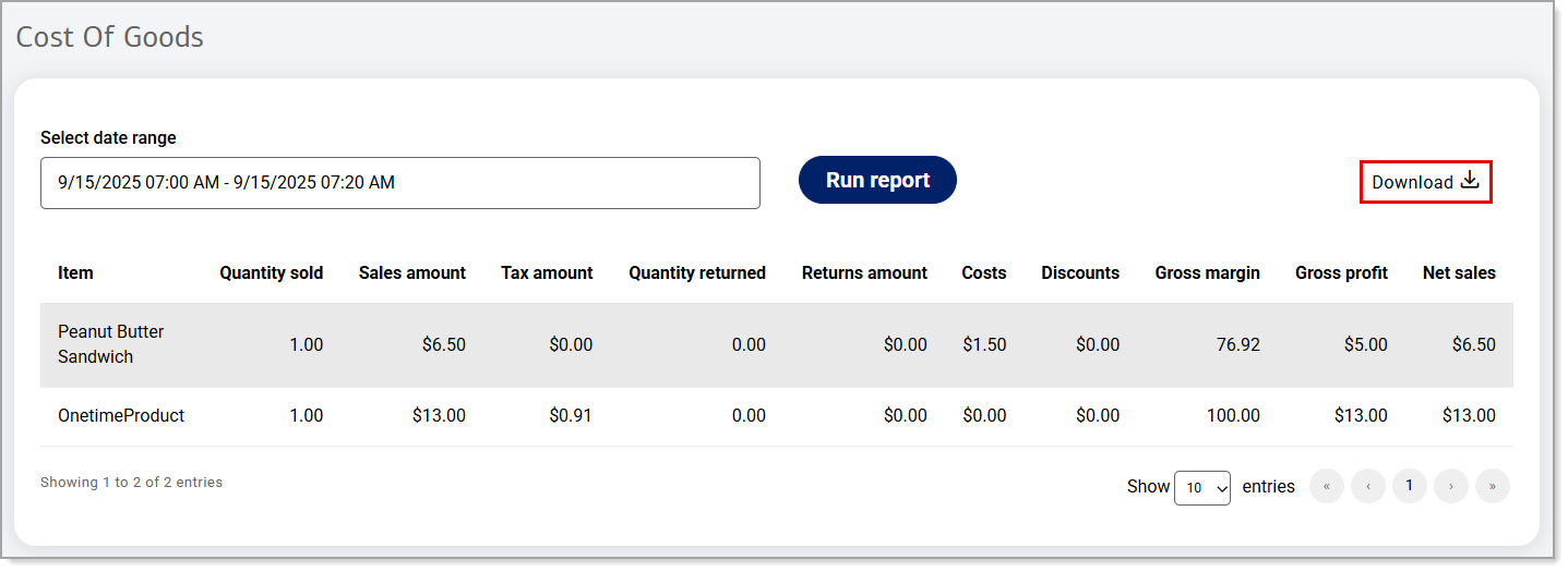 Cost of Goods report dashboard with Download link highlighted