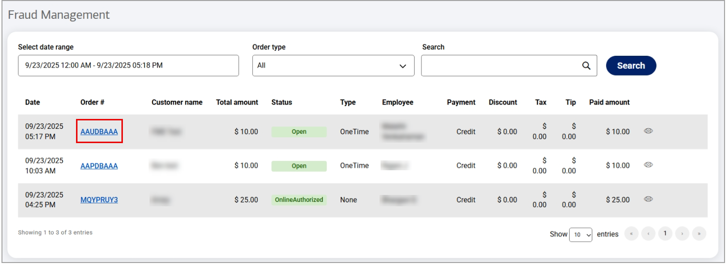 Fraud Management Screen with specific order number highlighted.