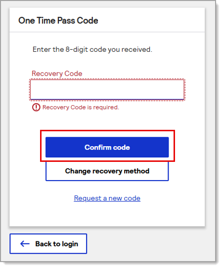 One-time passcode entry field with Confirm code highlighted.