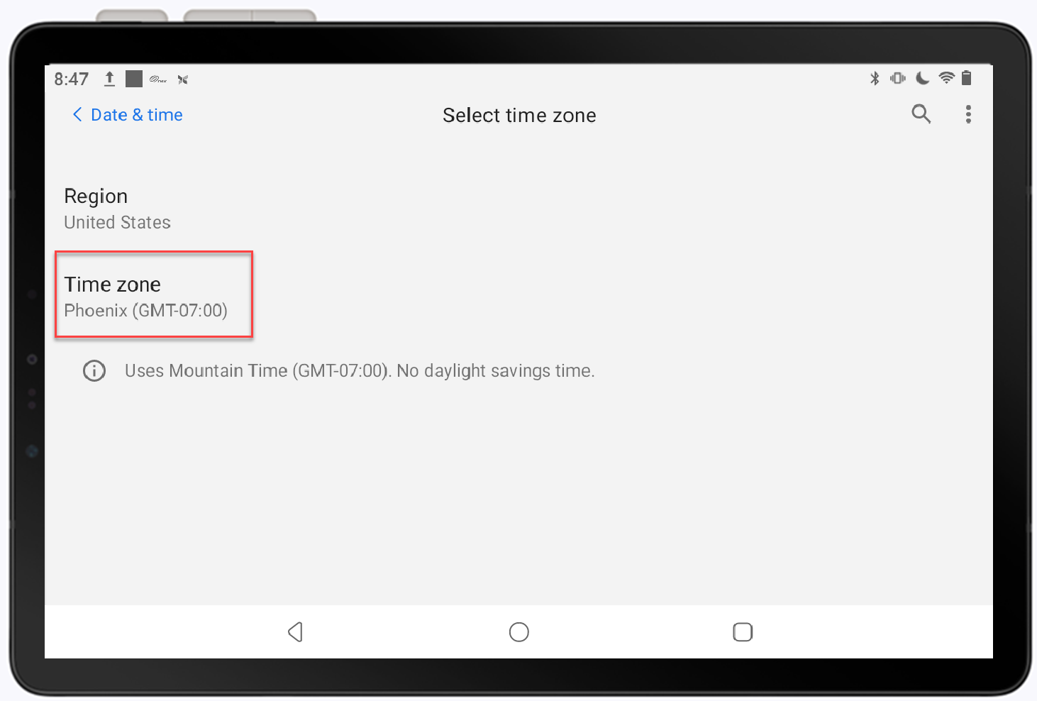 select a time zone highlighted