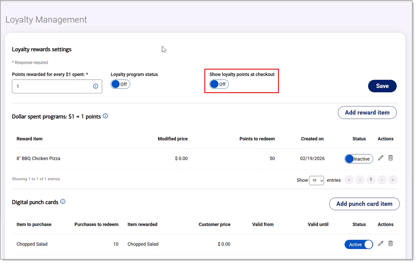 Show loyalty points at checkout toggle highlighted.