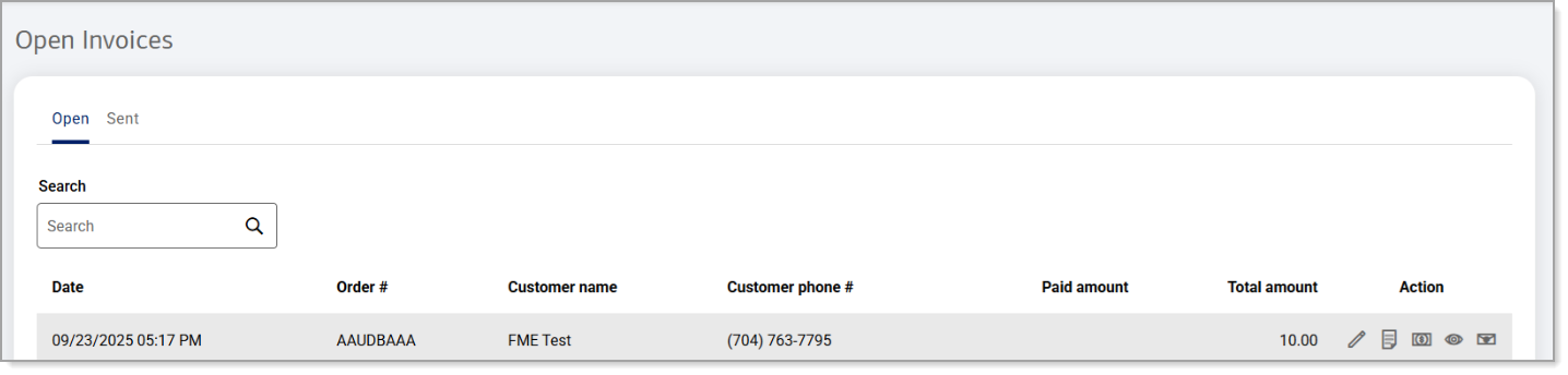 Open Invoices screen showing the transaction that was rejected.