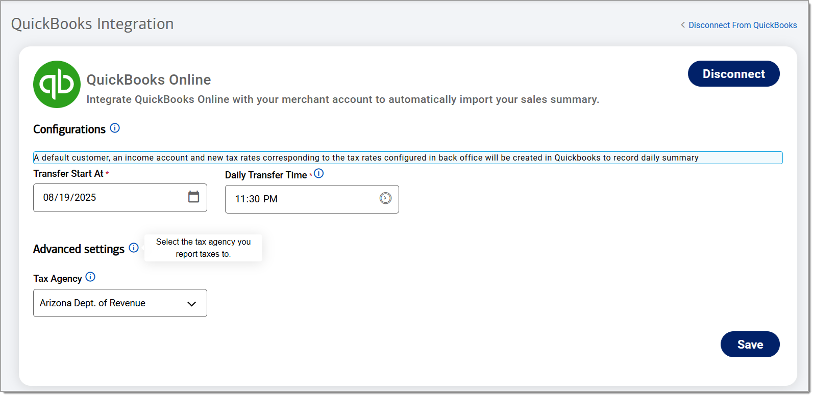 Configurations for QuickBooks data transfer