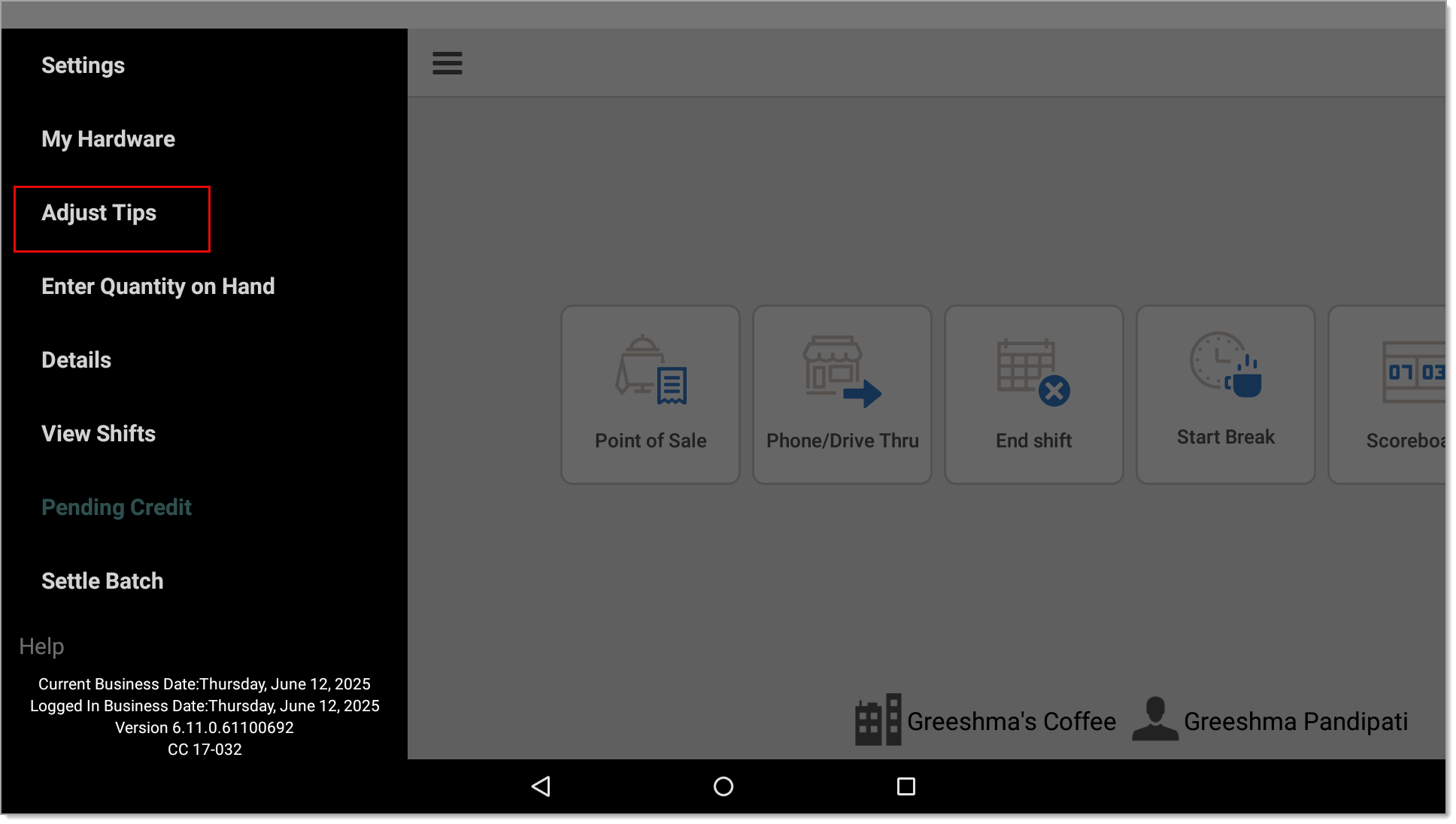 Adjust tips button highlighted from slide out menu