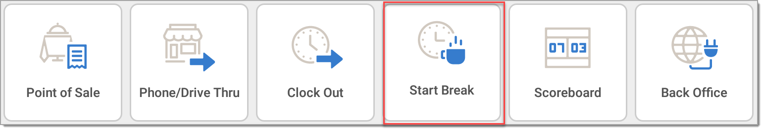 Point of Sale app home screen Start Break is selected