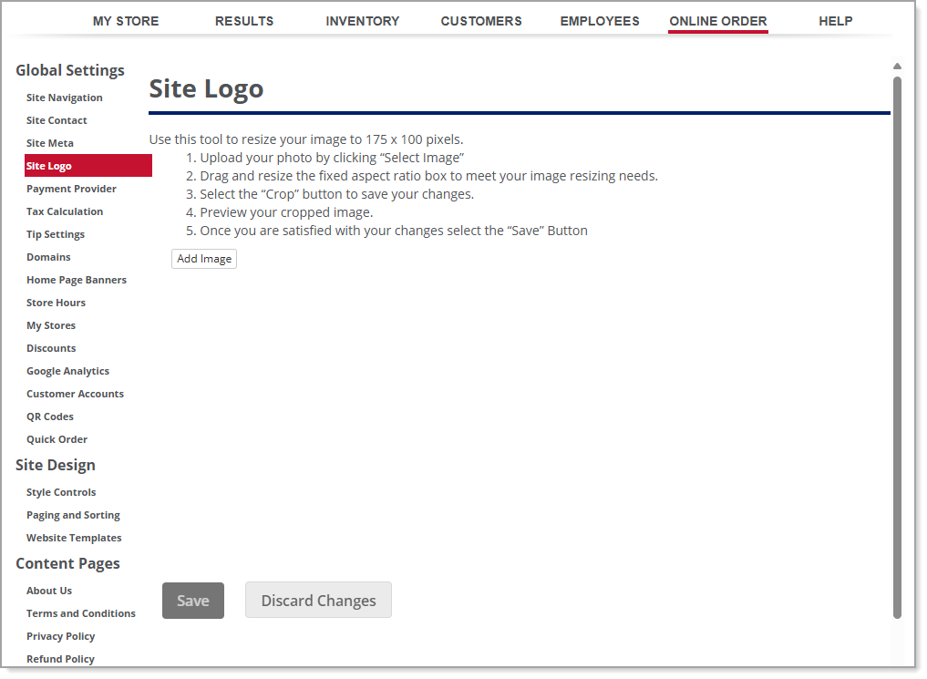 Site Logo page with image guidelines.