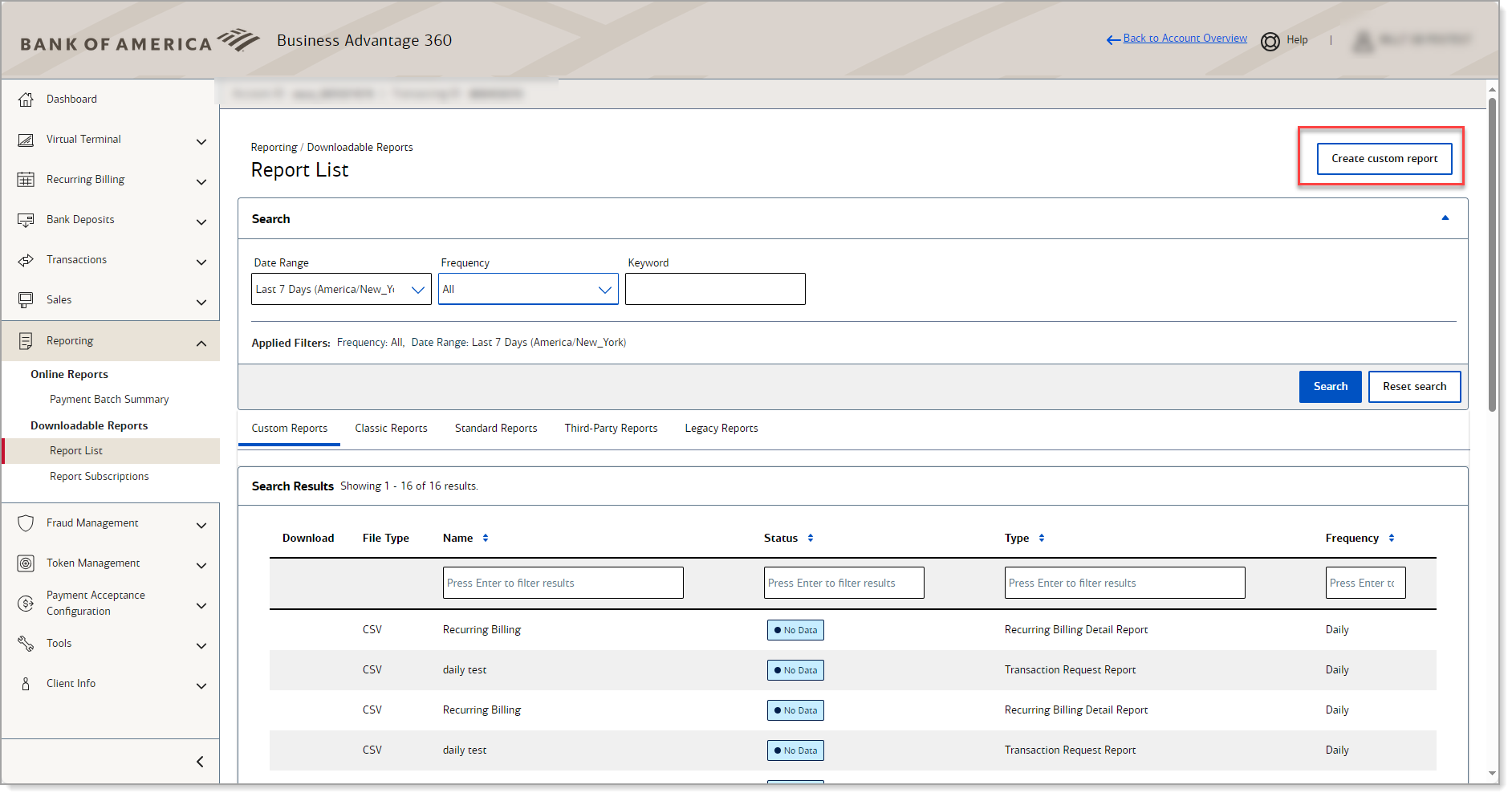 create a custom report button in merchant services account