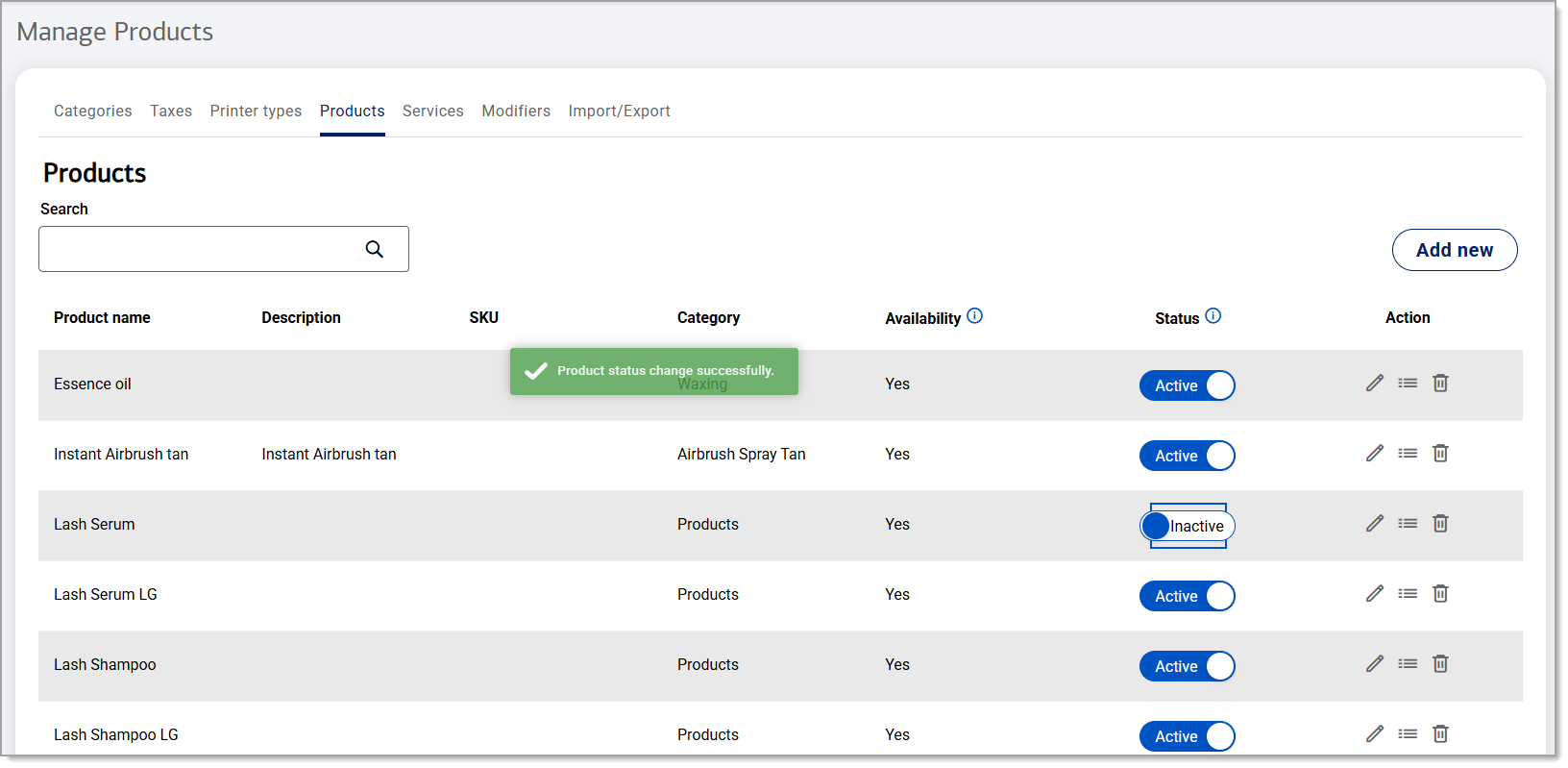 Product status change successfully notification displayed.