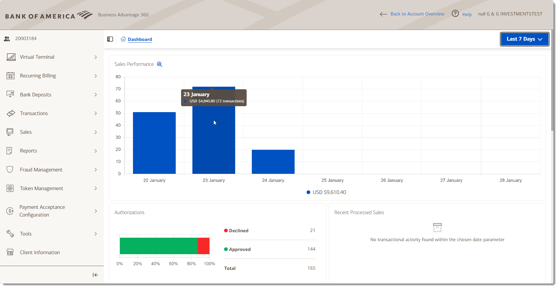 merchant services dashboard sales performance