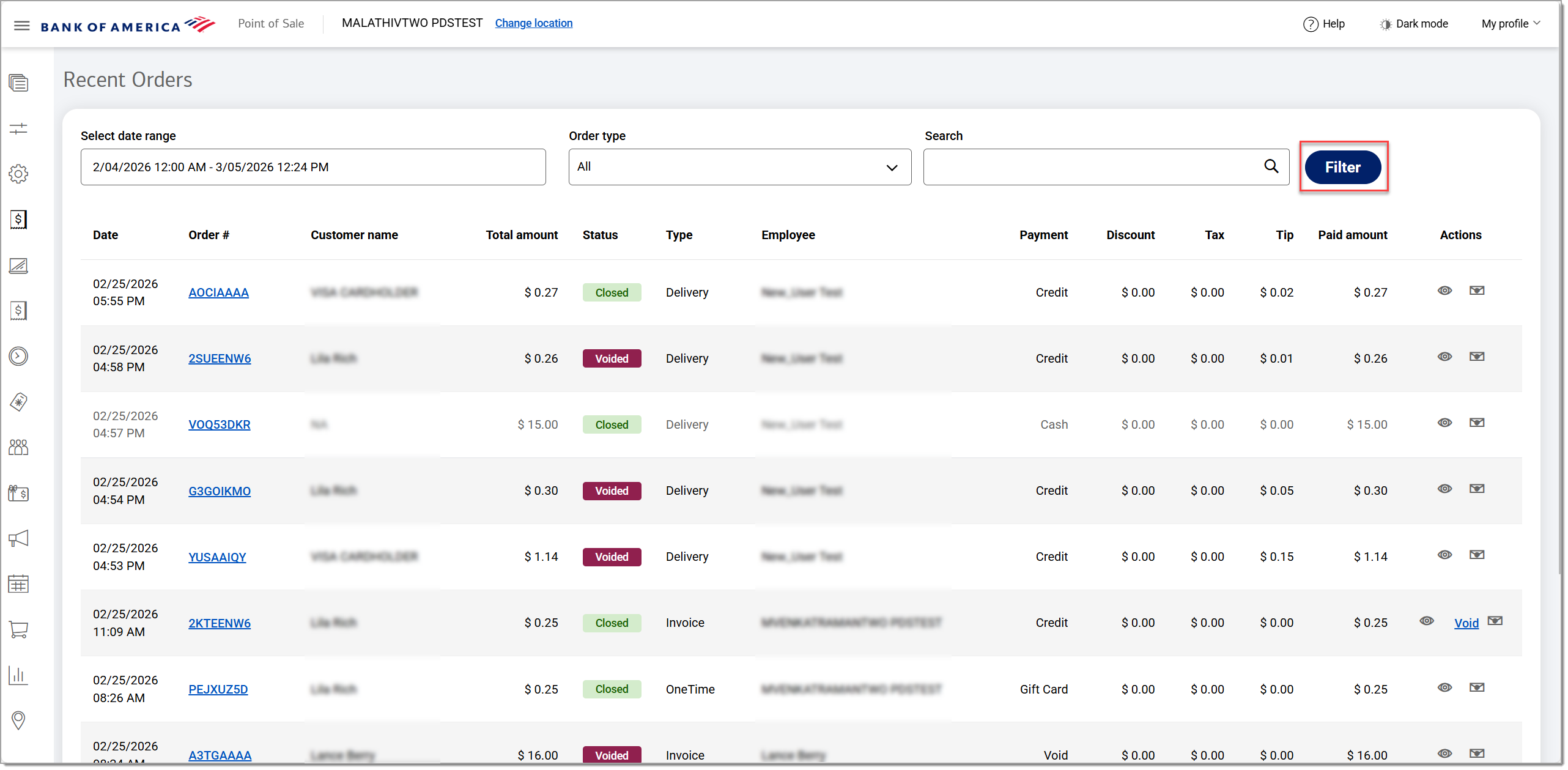 recent order list with filter selected