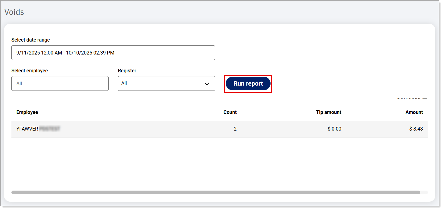 Voids report dashboard with the Run report button highlighted