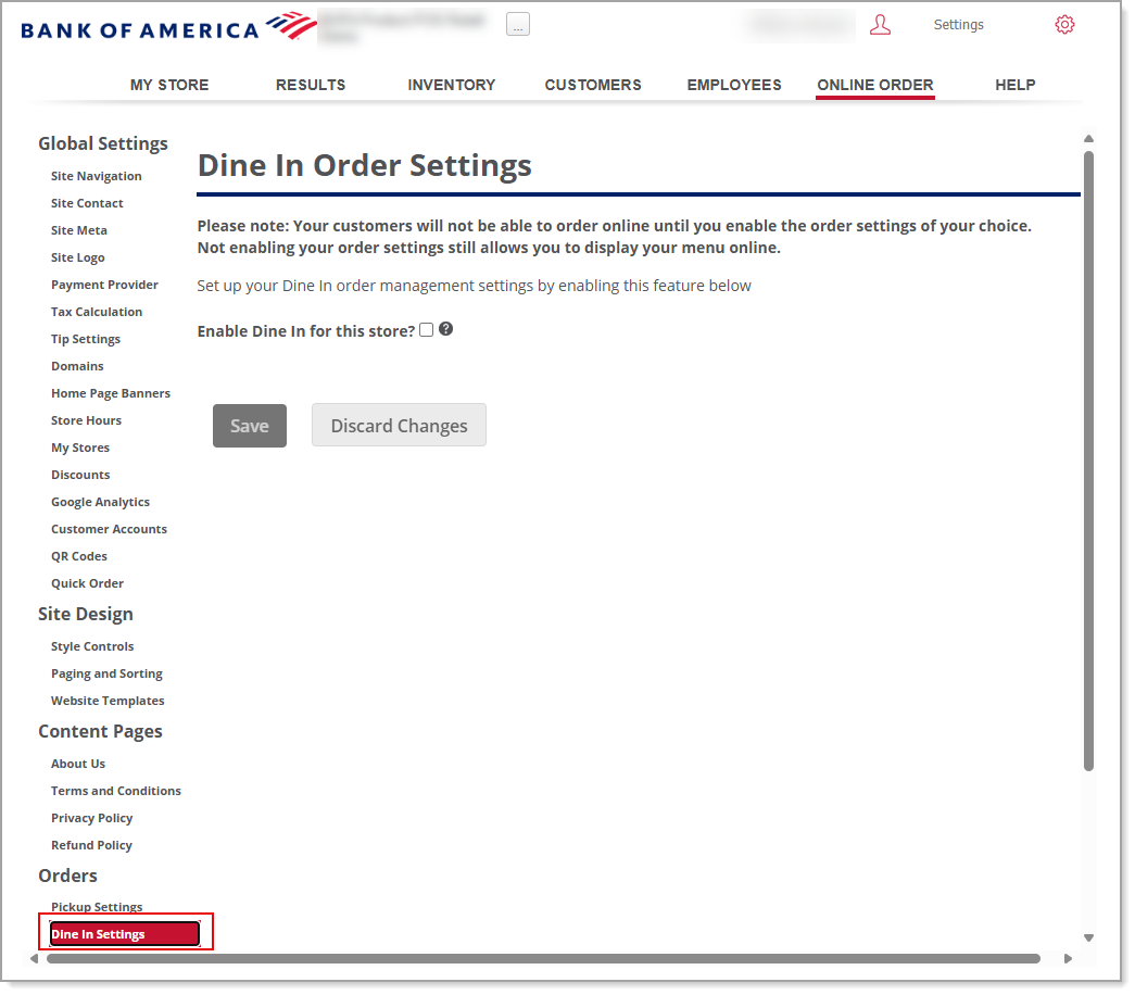 Dine In Order screen
