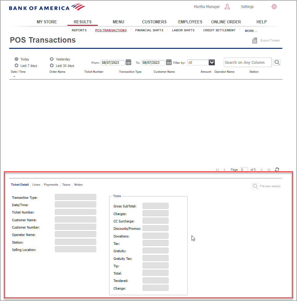 Tab options to view details of the selected transaction