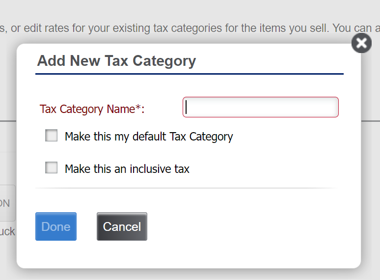 screen to assign a tax category a name and select whether it should be a default or inclusive tax