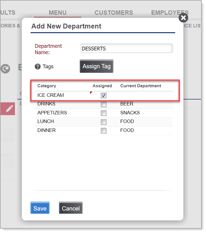 Add a department dialog with category selection highlighted